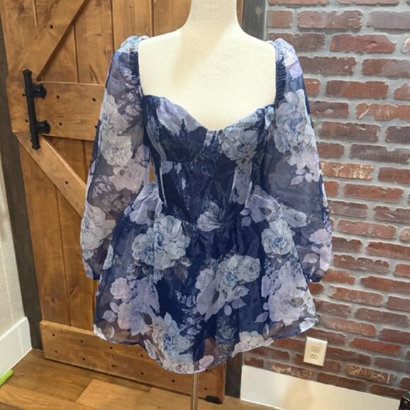 Lulus Positively Enchanting Blue Floral Organza Bustier Mini Dress - Size L - Picture 3 of 8